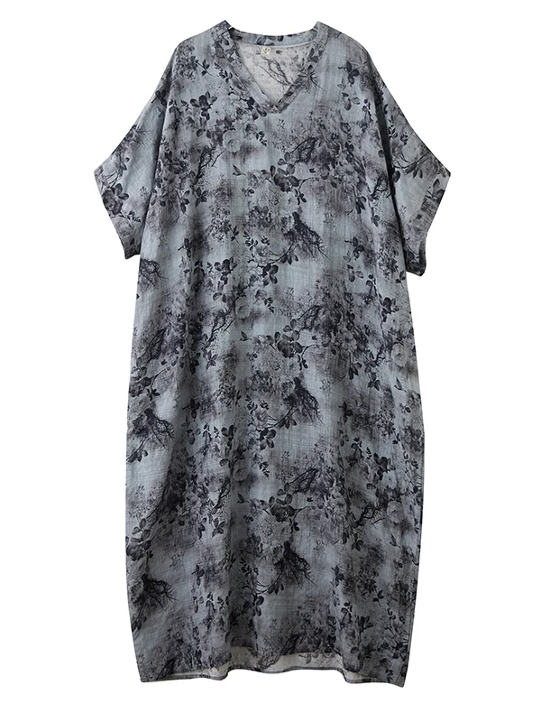 夏らしい花柄プリントのコットンリネンVネックワンピース、旅行や普段着に最適なゆったりとした半袖ロングスカート、体型を隠すツーリストドレス
