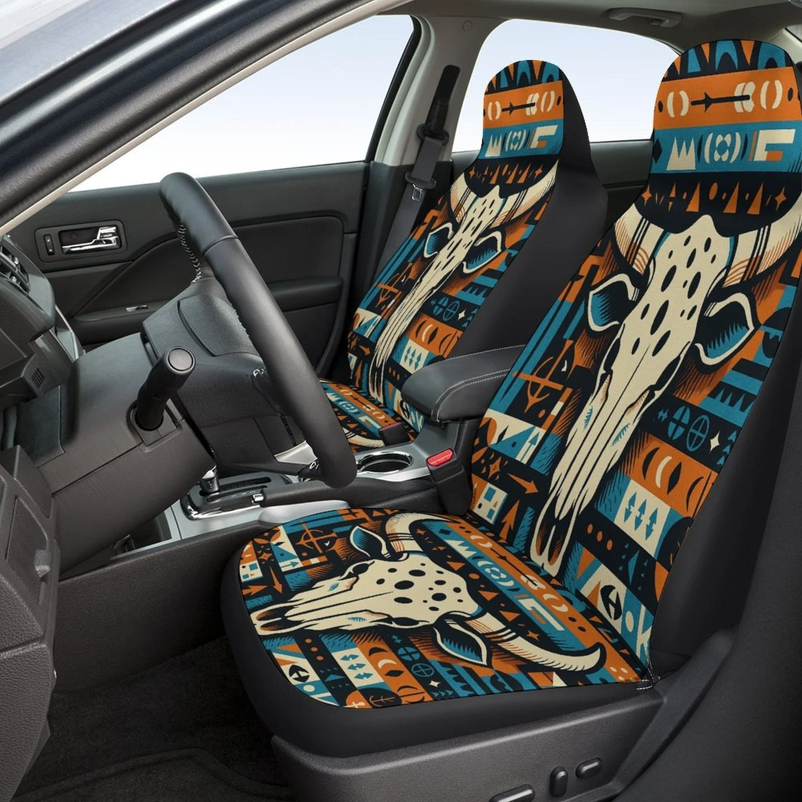 Set Of Car Seat Covers Featuring A Bull Skull Design, Suitable For Various Vehicles. Stylish And Durable, This Complete Set Incl