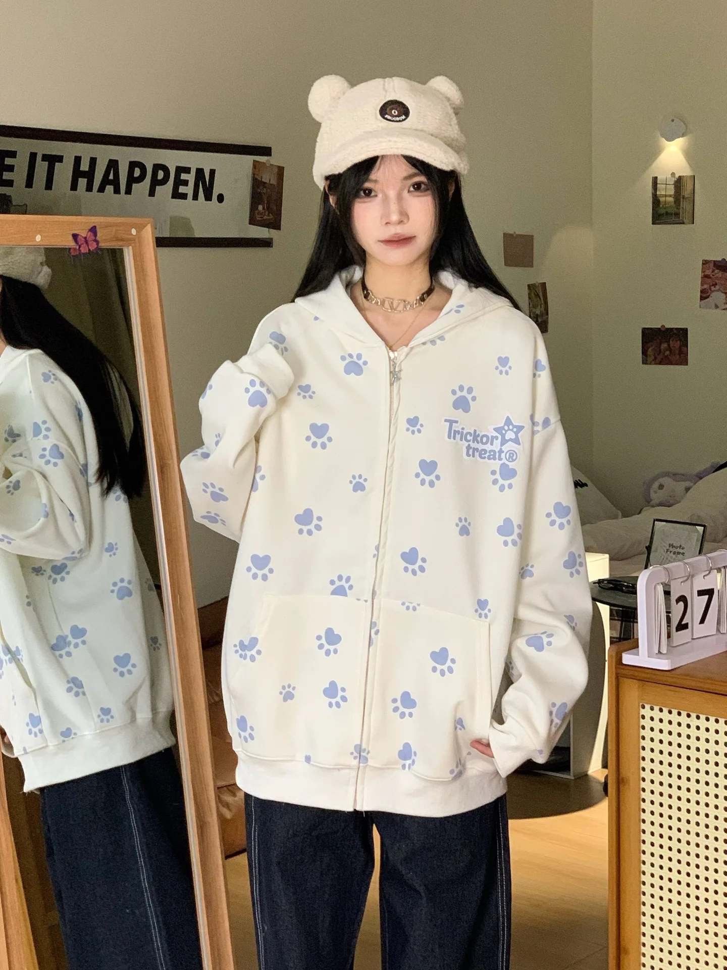 Autumn Cute Hoodies Y2k Aesthetic Women Cartoon Paw Casual Print Zipper Loose Harajuku Loose Hooded Sweatshirt Young Girls Tops