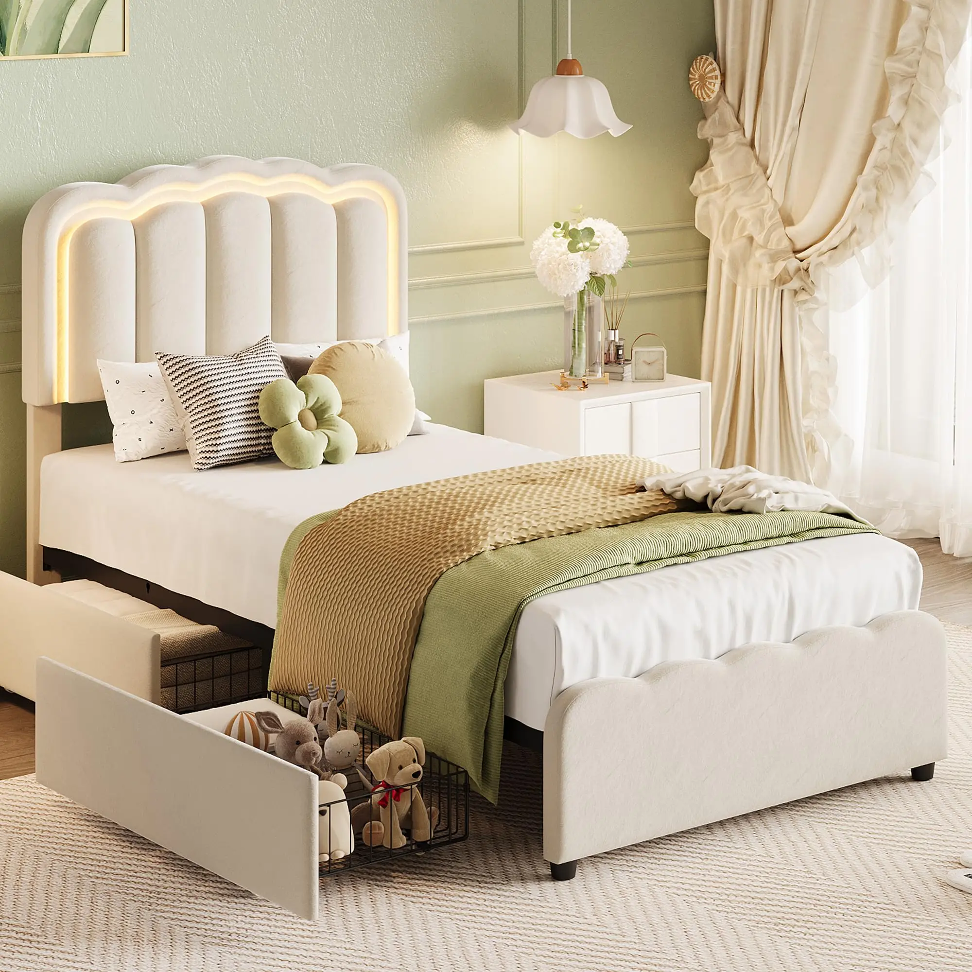 Twin Bed Frame With 2 Storage Drawers LED Lights Upholstered Platform Bed Adjustable Headboard No Box Spring Wood Slats