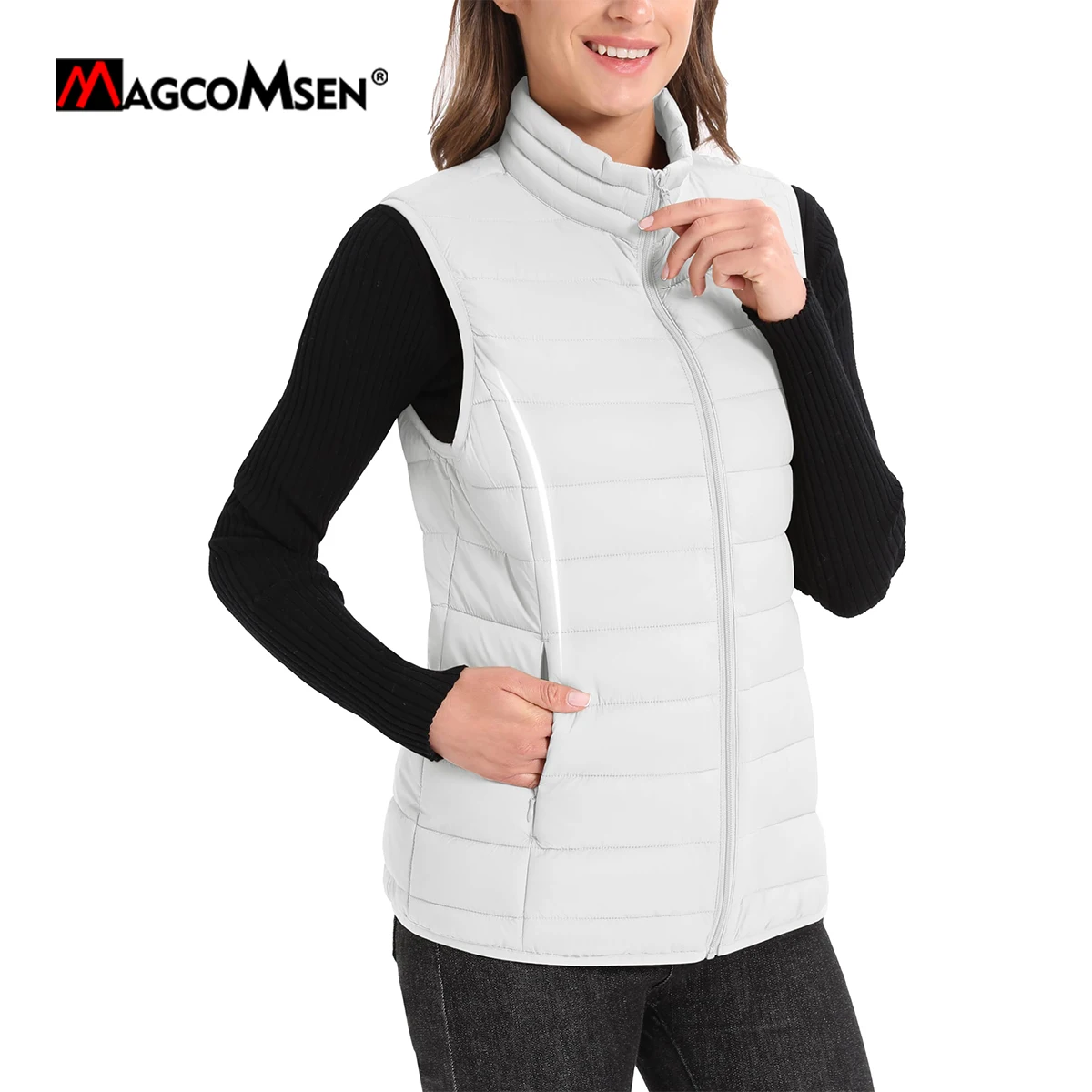 MAGCOMSEN Fall Winter Casual Vests Womens Lightweight Sleeveless Stand Collar Zip Up Jackets Waterproof Outerwear Vests