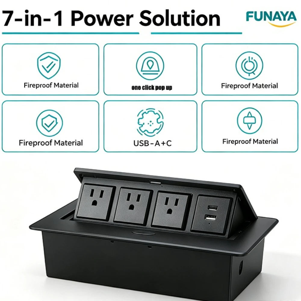 FUNAYA Hidden Desktop US MX CA JAPAN Built-in Sockets USB-A C Desktop Embedded Recessed Socket with Extension Wire AC110~250V