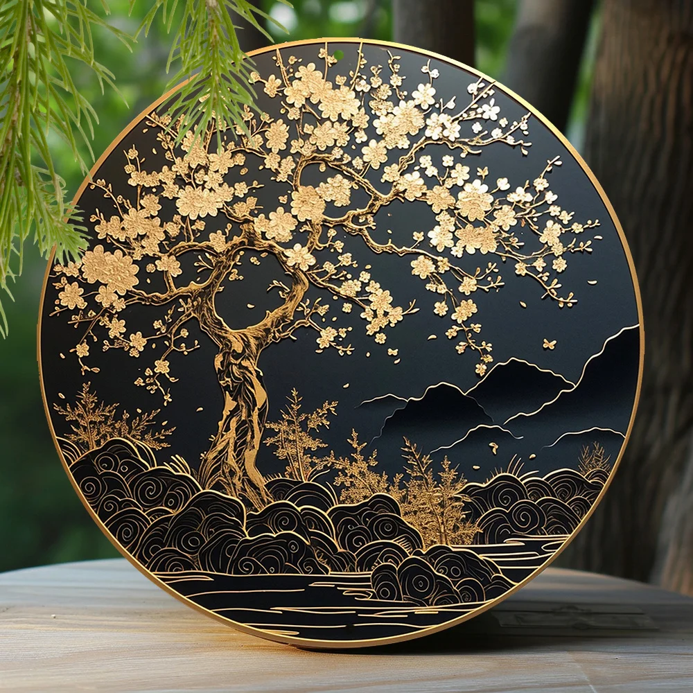 

Spring Tin Sign Faux Foil Stamping Papercut Art Painting Round Wreath Sign Apartment Women Gifts Cherry Blossom Theme Decoration