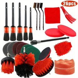 26PCS Detailing Brush Red Set Car Cleaning Brushes Power Scrubber Drill Brush For Car Leather Cleaning Tools