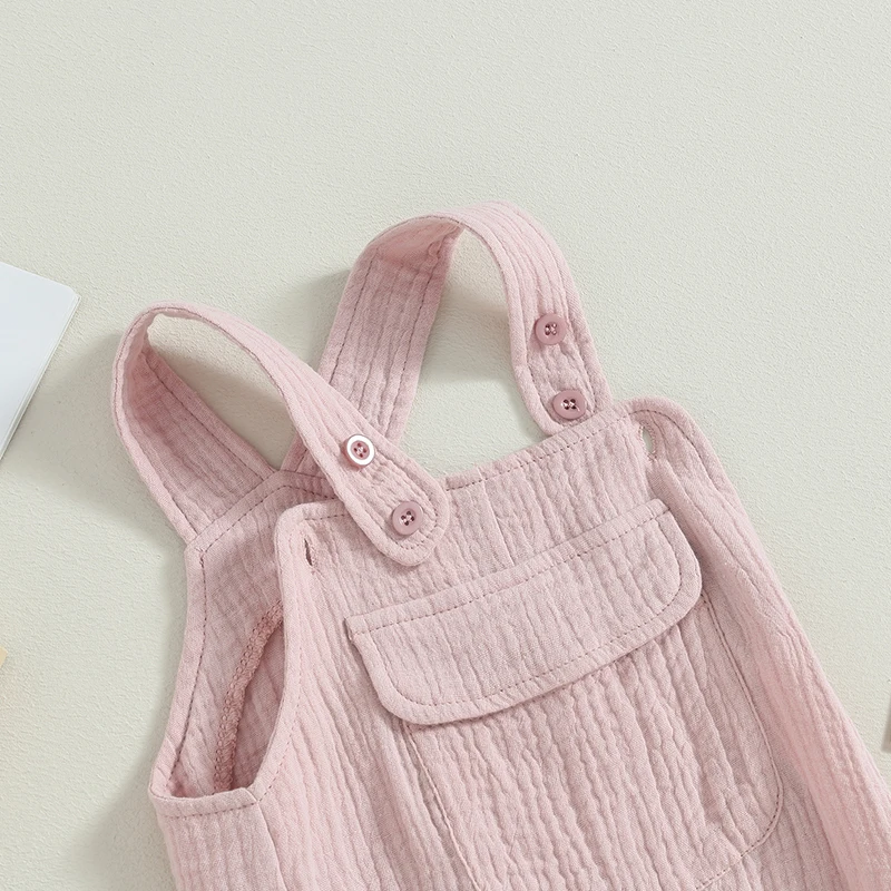 Casual Baby Girls Boys Rompers Solid Color Sleeveless Straps Jumpsuits Summer Infant Clothes Pocket Bodysuits Overalls