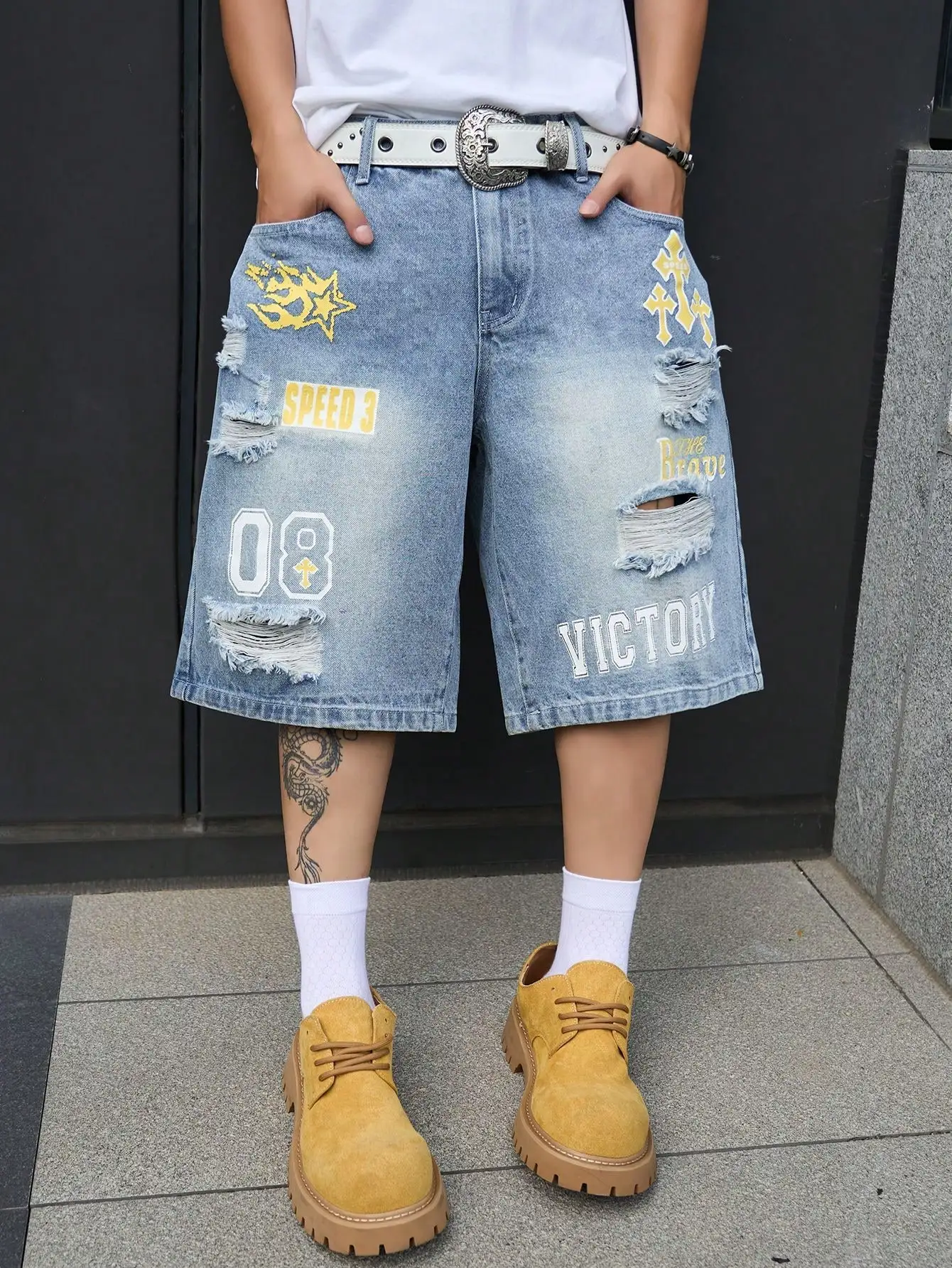 Men's Loose Fit Denim Bermuda Shorts, Vintage Distressed Letter Print Knee-Length Jeans, Y2K Hip Hop Streetwear view 6