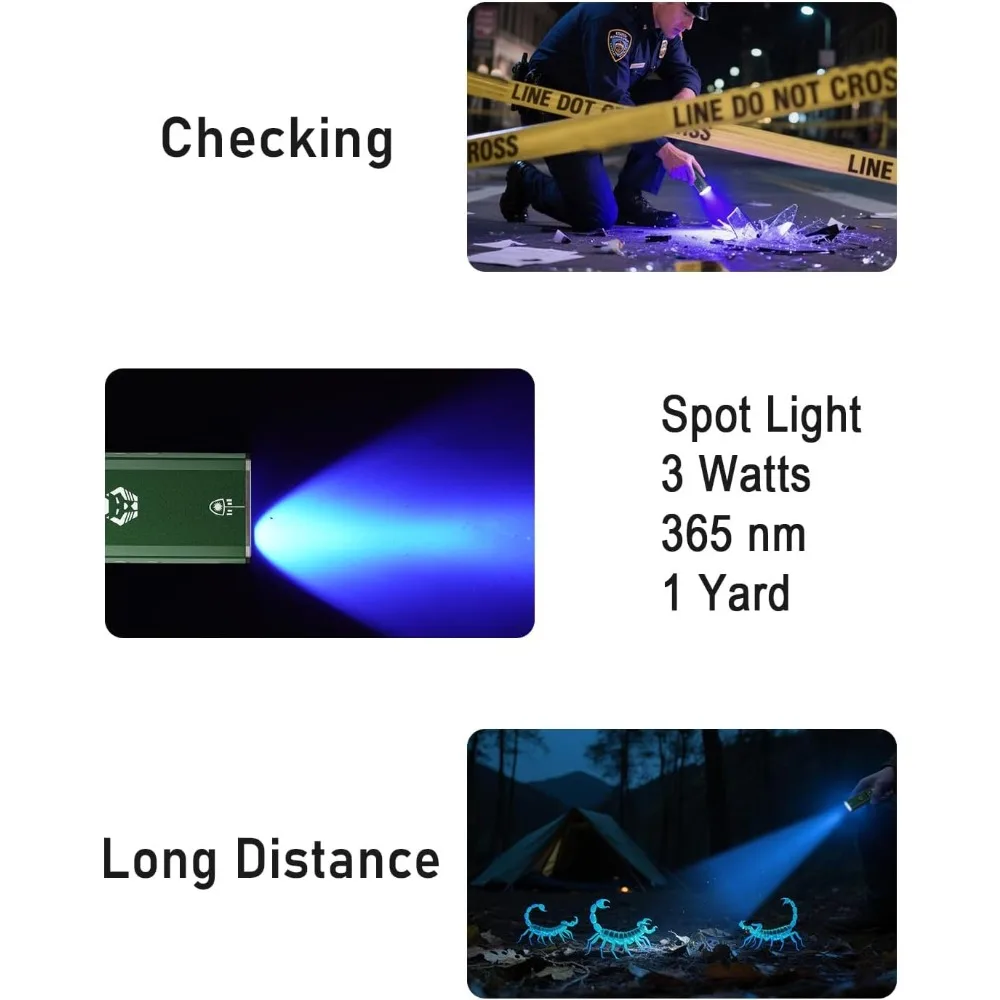 EDC Flashlight 1500 Lumen White Green Beam 365nm UV USB C Rechargeable Triple Sidelight for Outdoor Work Signaling