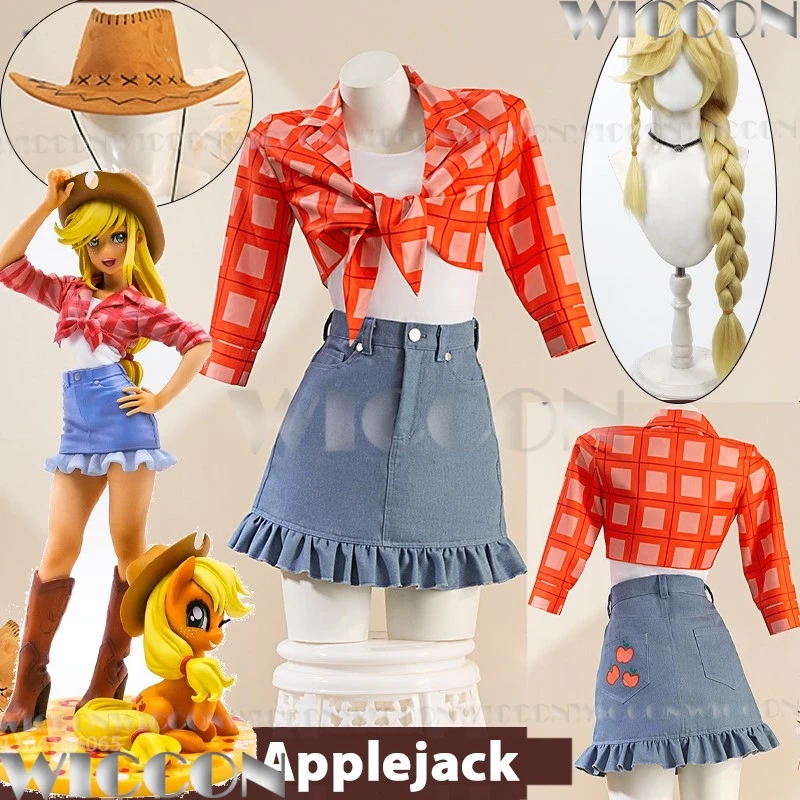 Applejack Little Pony Anime Cosplay Costume Cowgirl Hat Suit Bloned 1m Wig Sexy Girl Women Hight Quality Holloween Customized