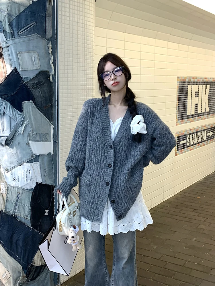 

Вязаный свитер с глубокими глазами, женский свободный повседневный открытый кардиган Lazy Twist Knit, осенний модный длинный кардиган с V-Ne...