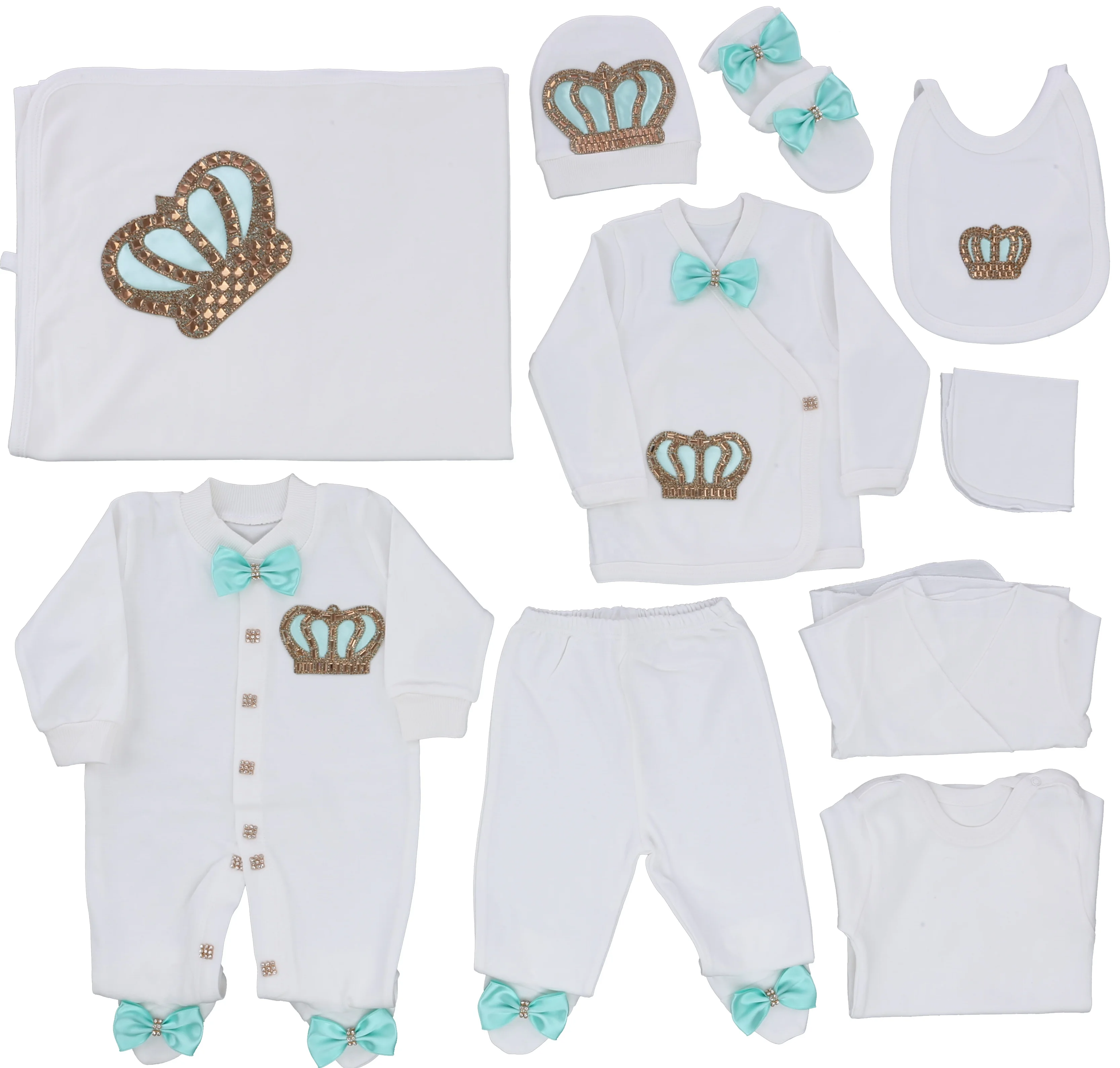 

Wholesale Custom Long Sleeve 10 Pieces 100% Cotton Fabric Knitted Custom Wholesale Newborn New Design Mint Gold Baby Romper Set