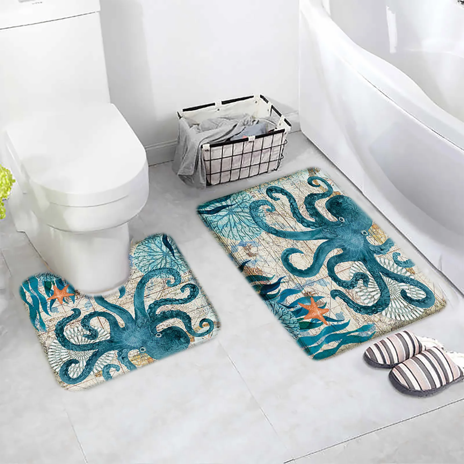 Sea Turtle Bath Mat Set Marine Animal Starfish Seaweed Vintage Nautical Map Home Carpet Bathroom Decor Non-Slip Rug U Shape Mats