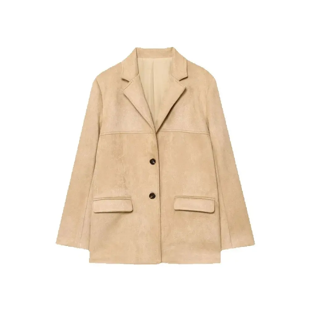 

Autumn new women's clothing European and American style lapel long sleeved double pocket suede suit jacket