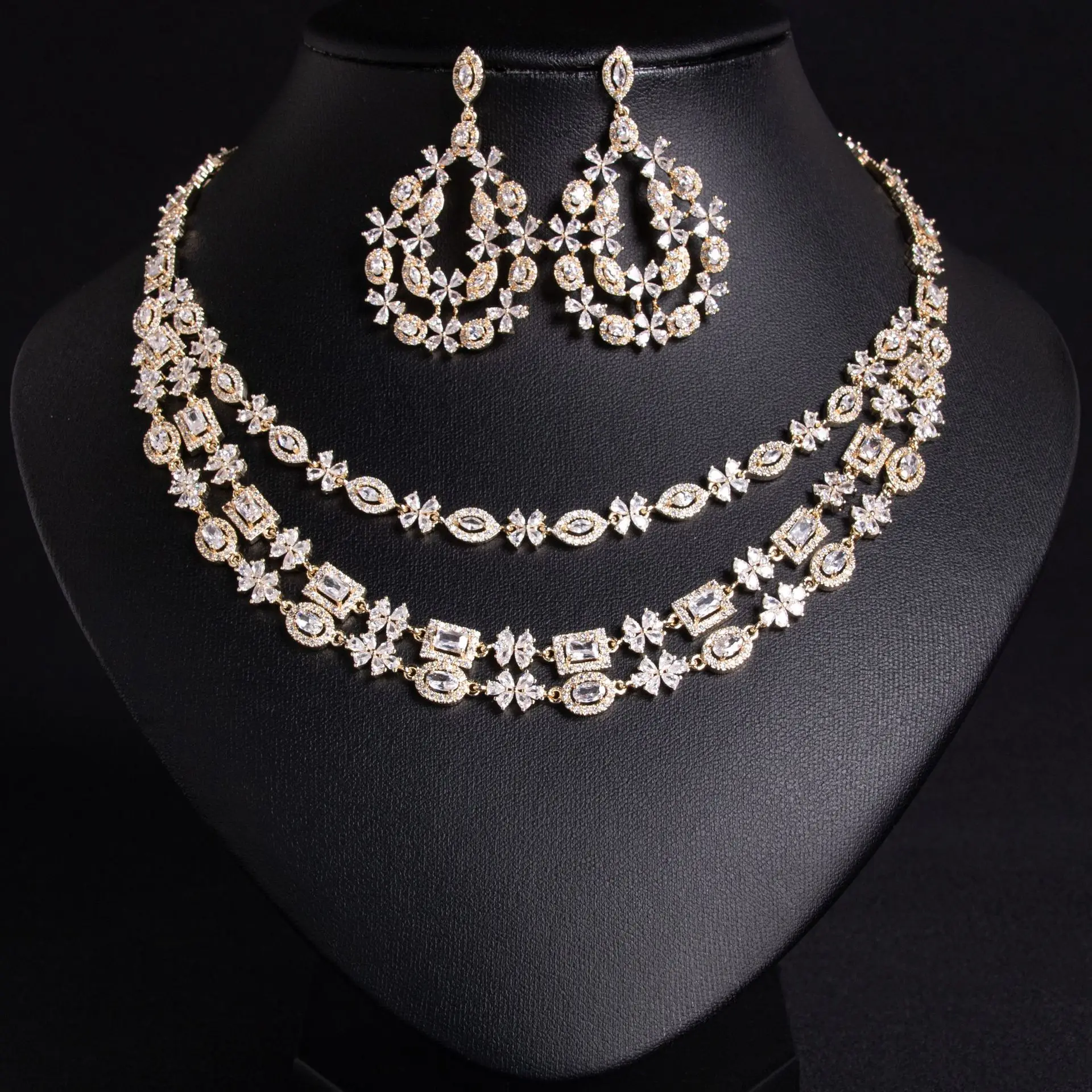

Stacked multi-layer zircon necklace earrings two-piece bridal wedding luxury jewelry dinner dress wedding accessories