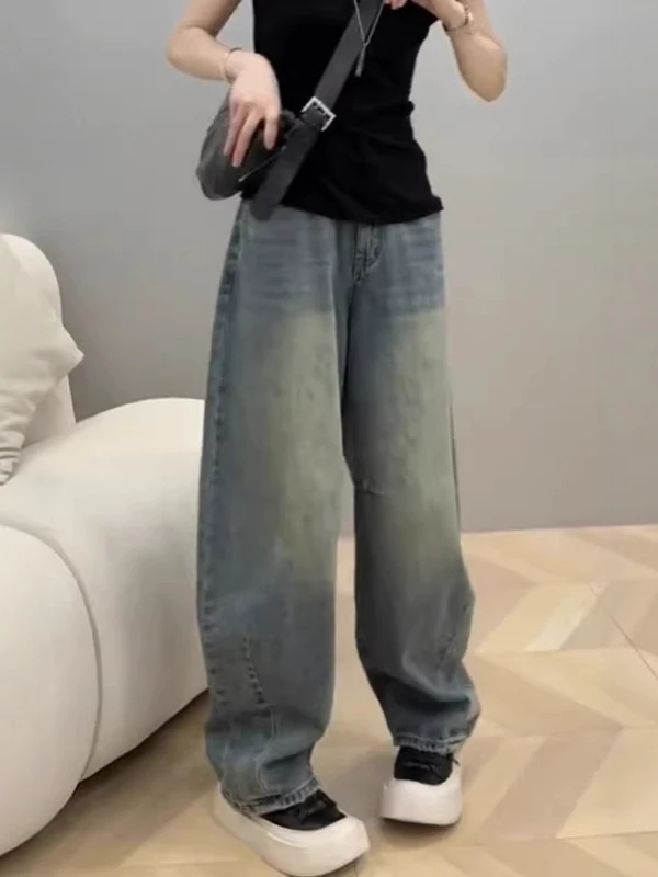 Jeans a gamba larga retrò azzurri da donna Estate 2025 Nuovi pantaloni larghi a banana con coltello a banana taglie forti Pantaloni lunghi a vita alta