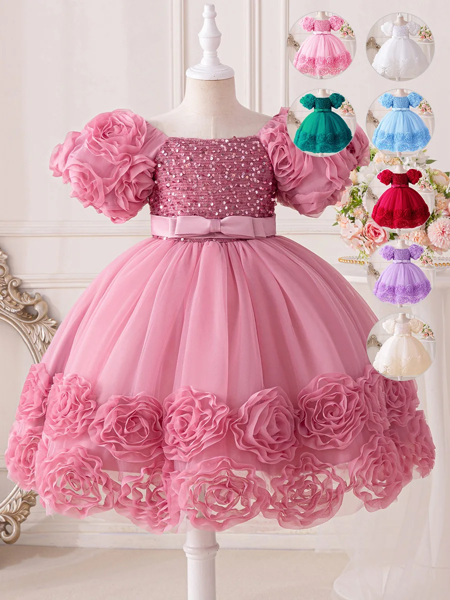 

Girl's Dress Princess Children's Flower Bud Sequin Host Birthday Party Wedding Dress Piano Performance Dress