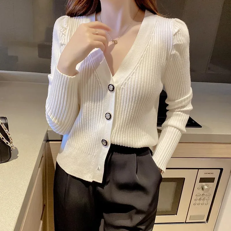 

Женский свитер, куртка, осень-зима, новый вязаный кардиган с пышными рукавами и v-образным вырезом, тонкое боди