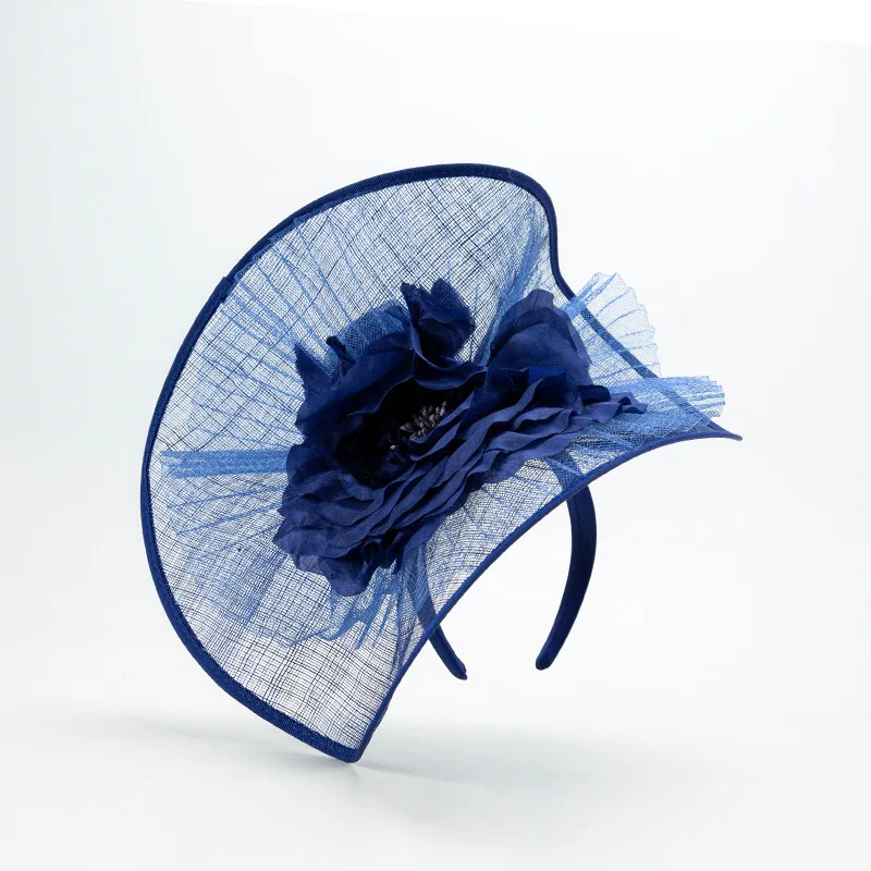 2023 Blue Sinamay Flower Fascinators Hat Women High End Handmade Rose Fascinator Hairbands Banquet Cocktail Church Hat Headpiece