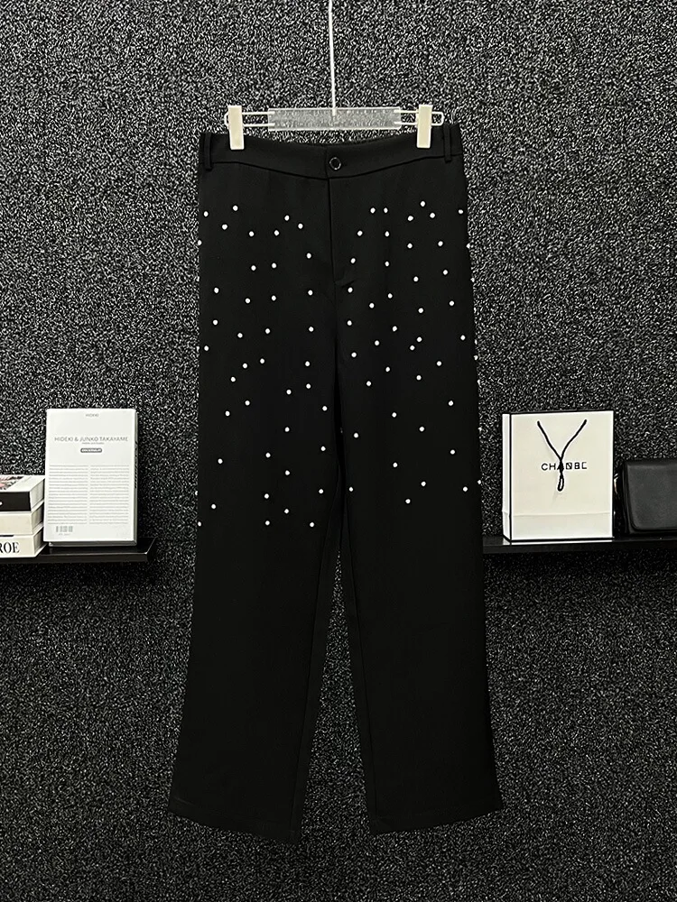 High-End Black Rhinestone Small Suit Pants Men's Straight Casual Long Pants Men's Loose 2024 Spring Summer All-Match Suit Pants