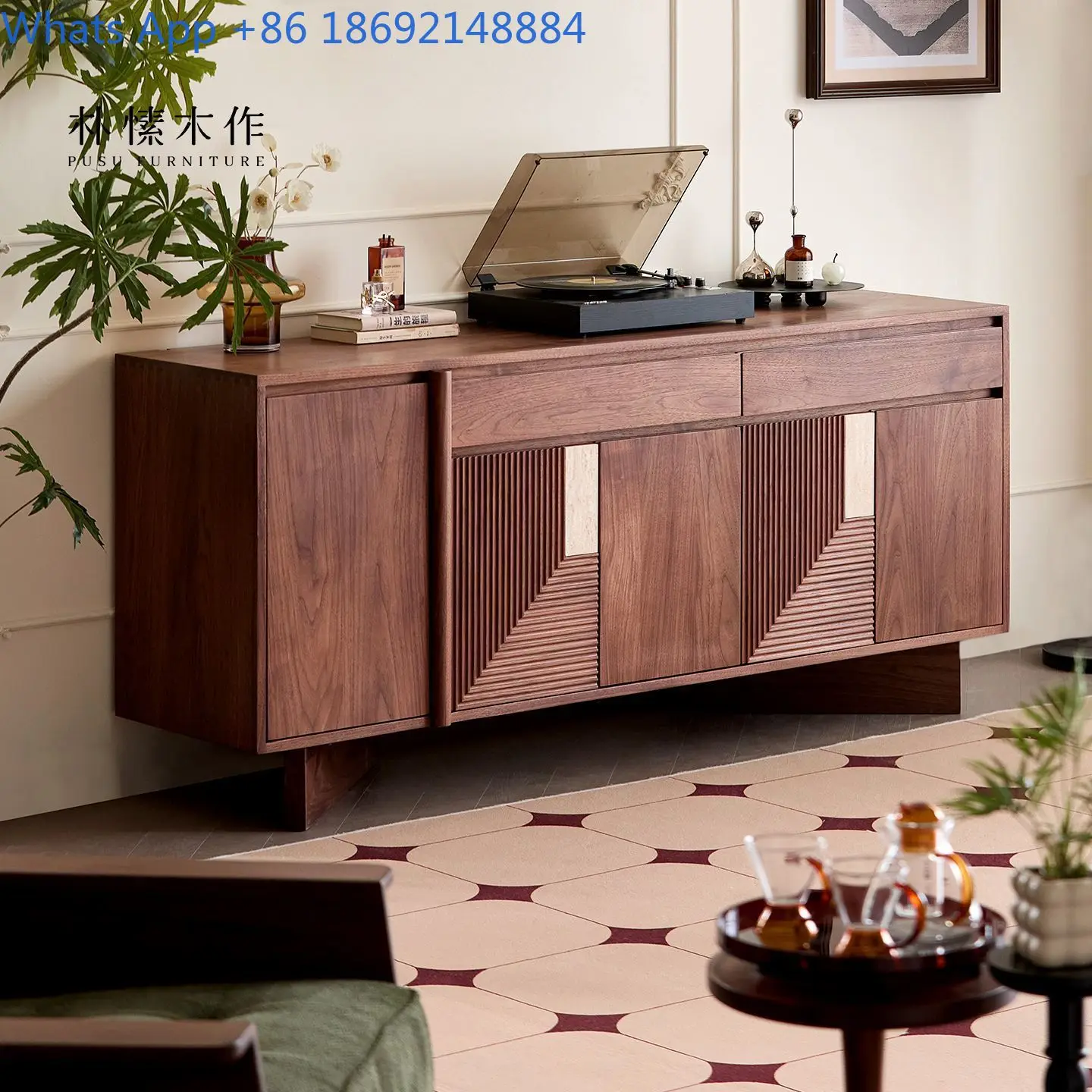 Solid Wood Buffet Cabinet Vintage Style Dining Storage Cabinet Retro Entryway Chest