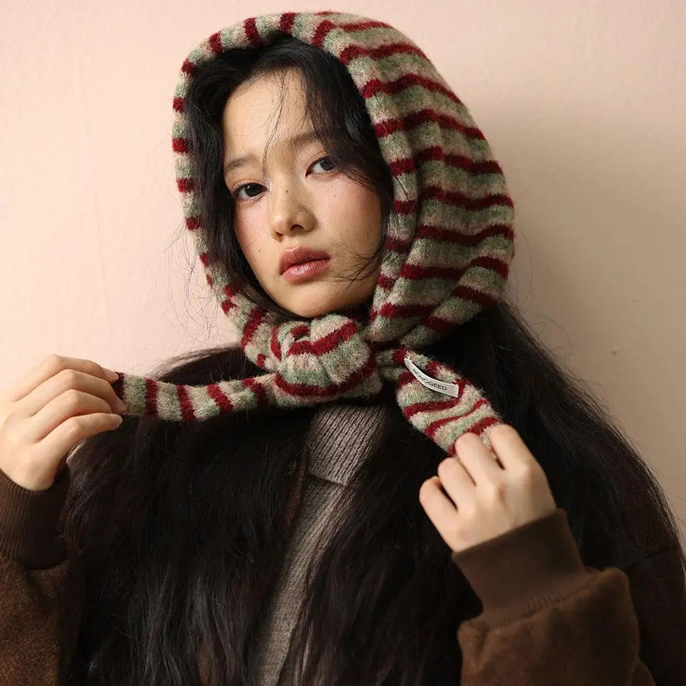 

Wool Blend Triangular Scarf Knit Shoulder Shawl Neckerchief Gradient Stripes Headscarf Winter Women's Knitted Triangle Hijab