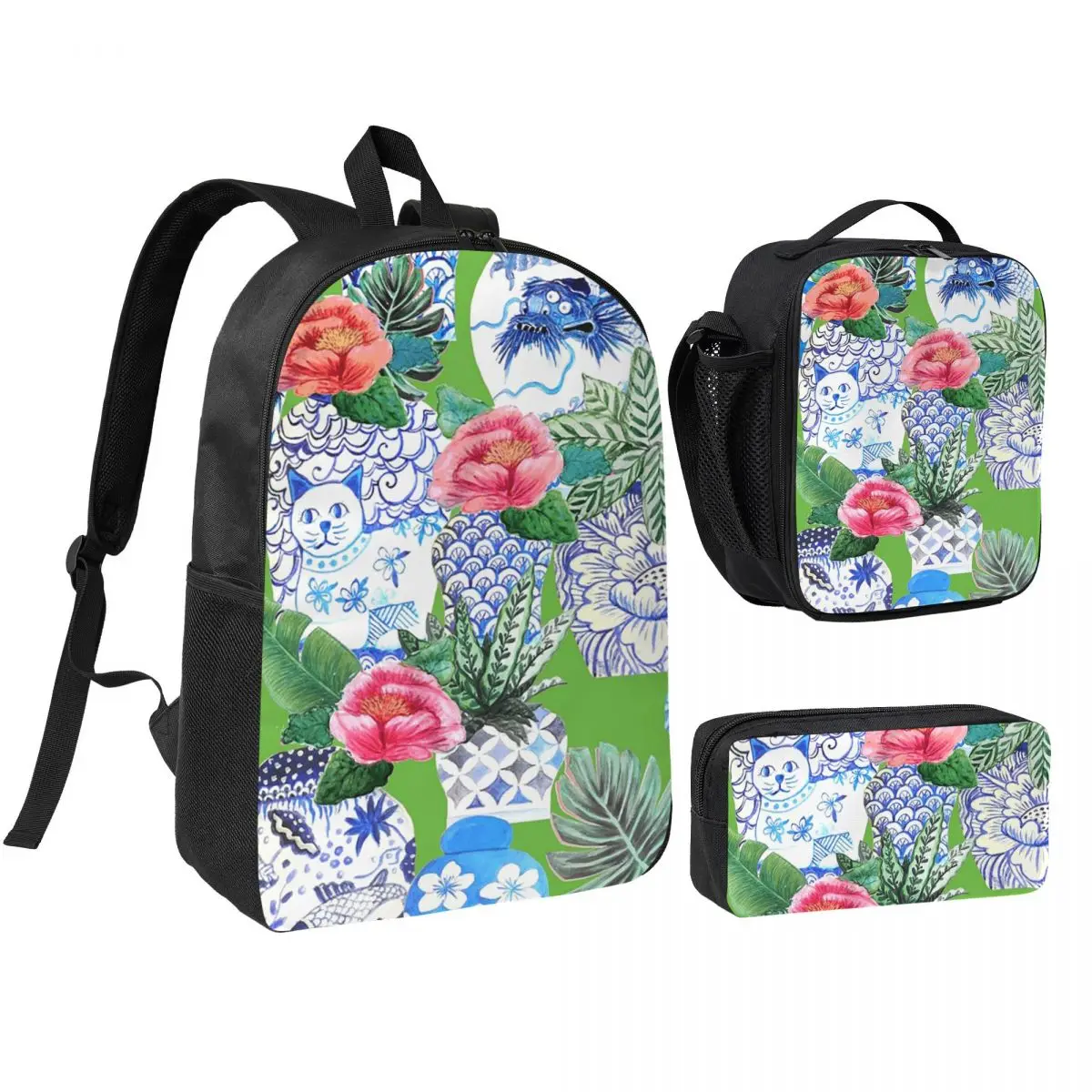 

Blue And White, Emerald Green Chinoiserie Backpack BookBag School Bag Computer Shoulder Bags 3ps Insulated Lunch Bag Pencil Case