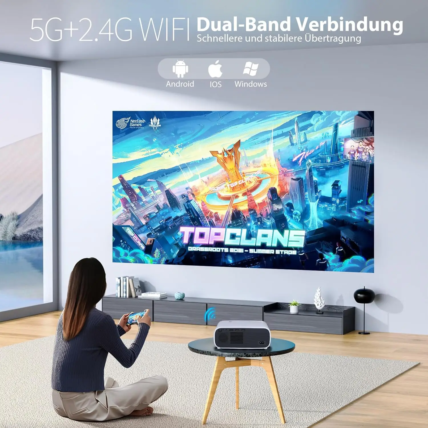 Wielio, 1080P Heimkino Beamer, Bluetooth und WiFi aktiviert, Eingebauter Sound, Kompatibel mit iOS/Android/PC/HDMI/USB/X-Box