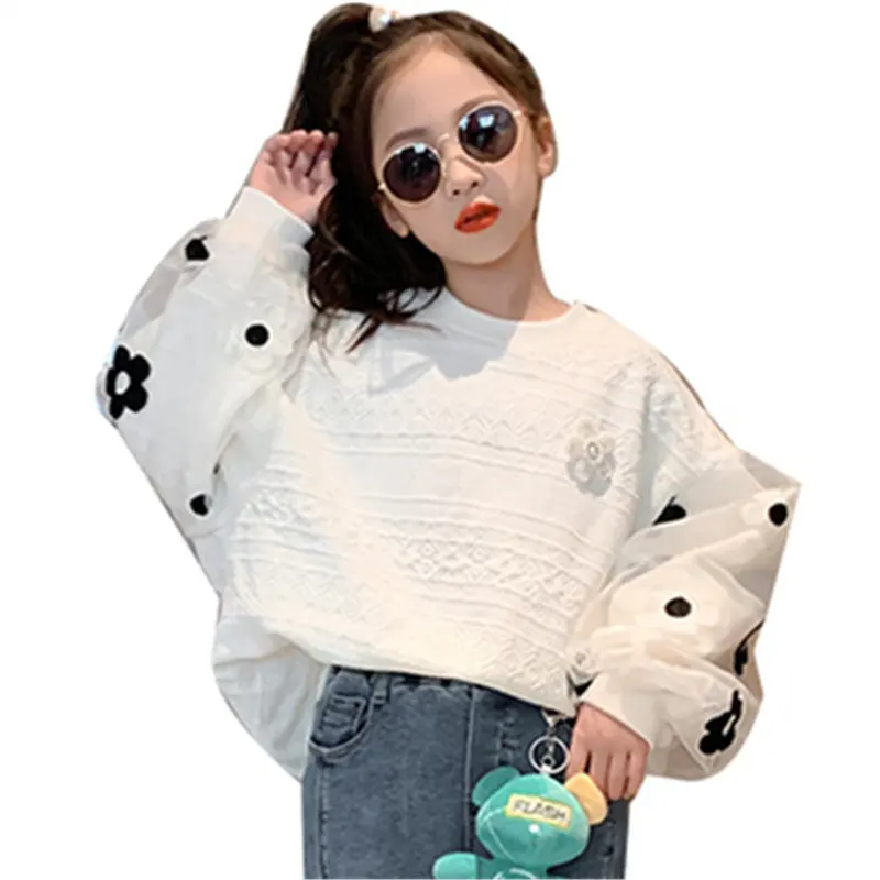 Autumn New Children Sweatshirt with Flower Clothes Cute Kids Girls Solid Color Korean Sweatshirt Fashion Teenager School Tops