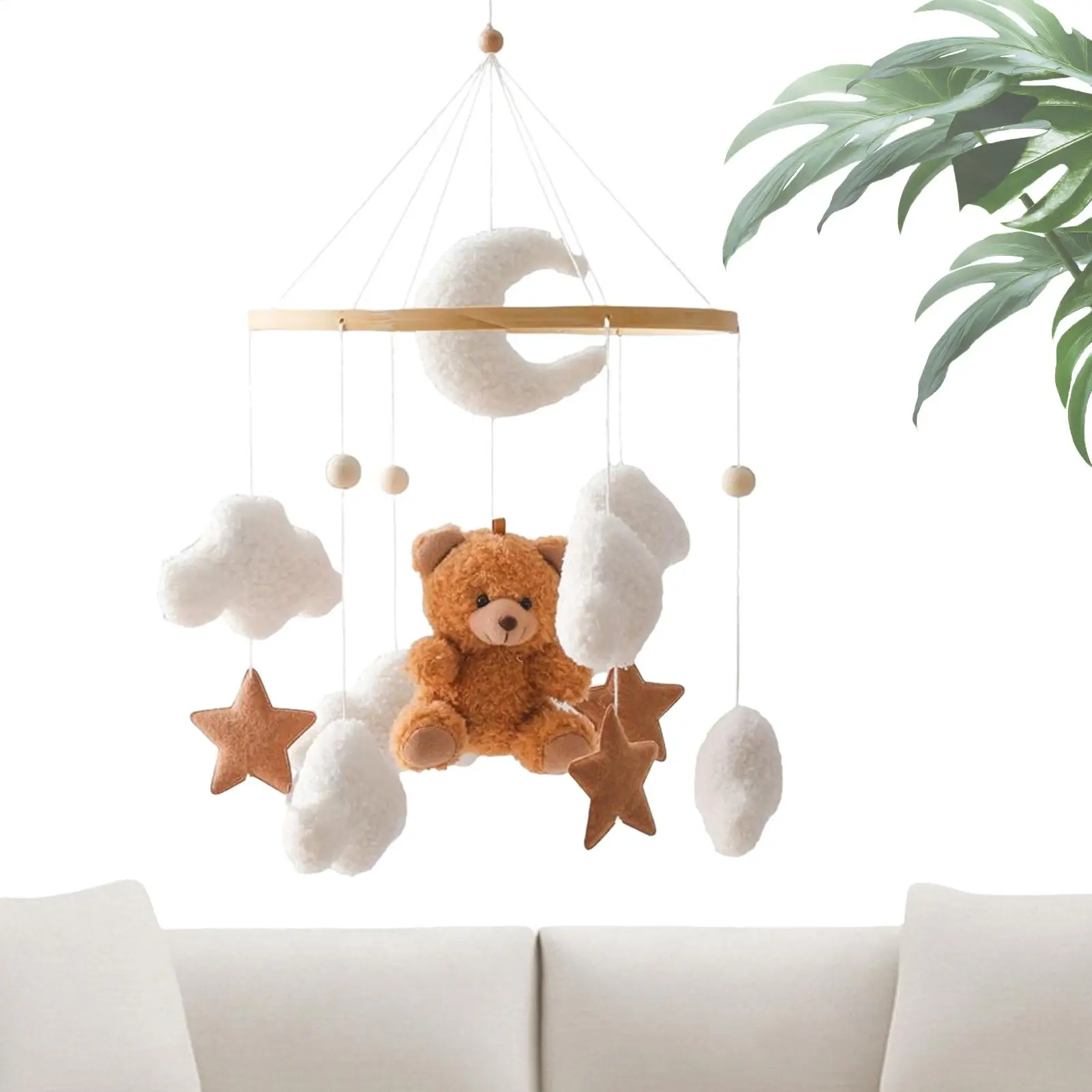 Crib Mobile Baby Bed Bell Rattle Toy Bear Cloud Star Baby Crib Mobile Hangable Soother with Rotation Cartoon Bear Mobile Hanging