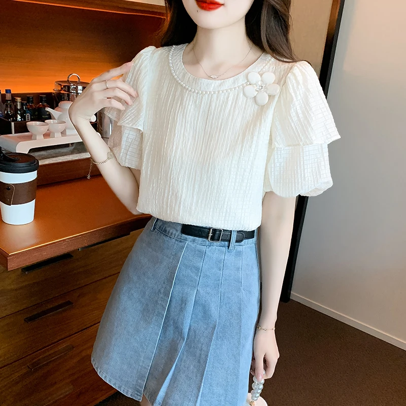 Fashion Short Sleeve O-Neck Women Blouse Casual Beading Chiffon Blouse Shirt Women Tops  Blusas Mujer De Moda 2024 Verano J628