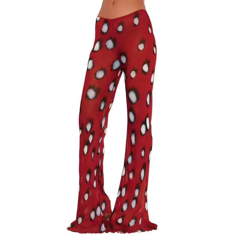STYLISH LADY Red Irregular Dot Print Flare Pants 2026 Women Low Waist Slim Stretch Casual Long Trousers Summer Streetwear