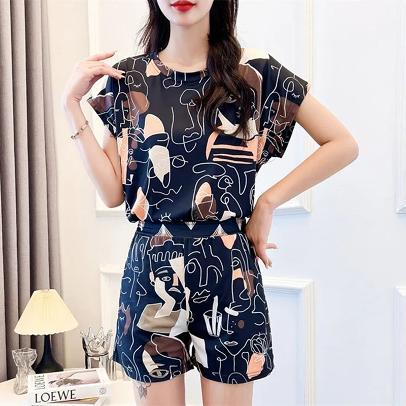 American Black Abstract Face Graphic Suits Two Piece Sets Outifits Flying Sleeve T-shirt and Shorts Pant Summer Loose Beach Tops