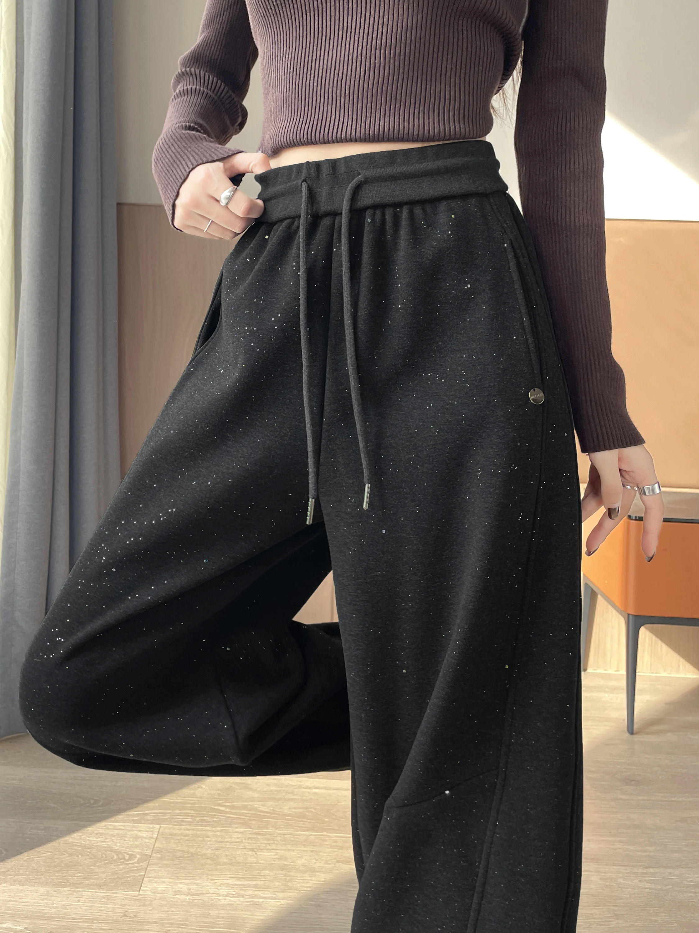 Spodnie z szerokimi nogawkami, ocieplane, z cekinami, damskie, zimowe, z wysokim stanem, wyszczuplające, sportowe spodnie dresowe, codzienne, z efektem noża...
