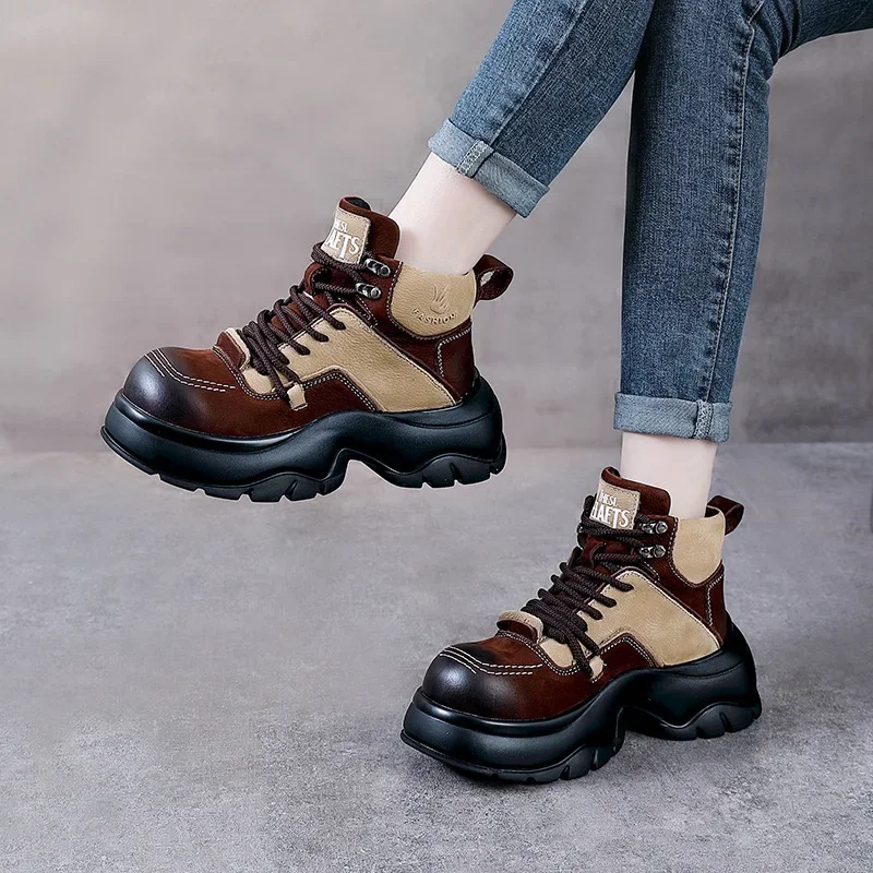 

Krasovki 6cm Genuine Leather Wedge Fashion Boots Wide Toe Ankle Booties Ethnic Platform Women Autumn Spring ZIP Motorcycle Shoes