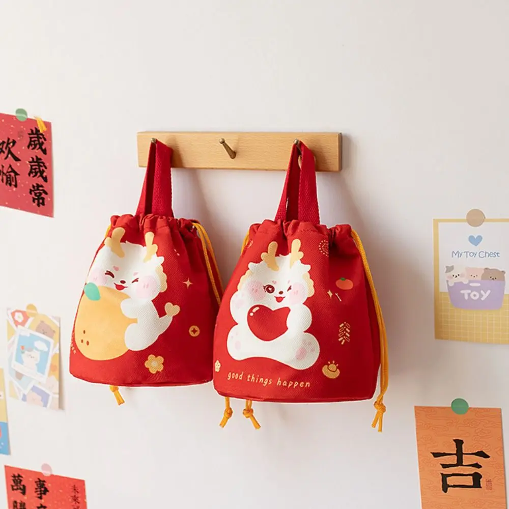 Soft Dragon Drawstring Bucket Bag Large Capacity Red Cartoon Crossbody Bag Handbag Harajuku New Year Bucket Bag Girl