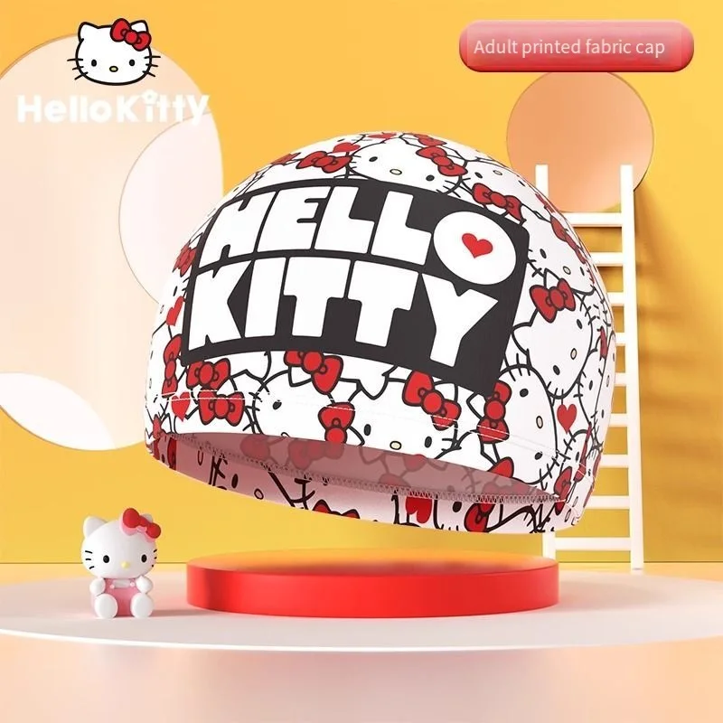 جديد مرحبا كيتي الطباعة قبعة قماش مرنة محيط الرأس الكبير الأطفال الكبار الفتيات رقيقة تنفس قبعة السباحة للماء #6
