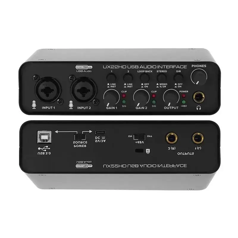 New! UX22 Audio Interface Sound Card 32-bit/192KHz AD Converter, Electric Guitar Live Recording Professional Studio Singing,