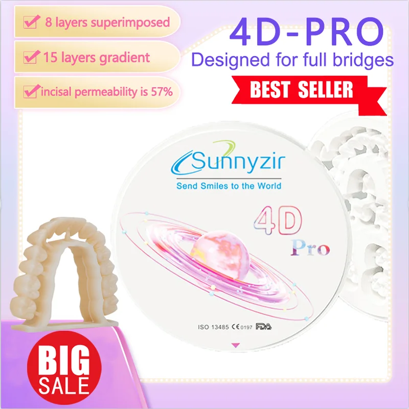 Sunnyzir 4D PRO wielowarstwowe bloki cyrkonowe laboratorium dentystyczne 8 warstw 98 43%-57% materiał do renowacji Cad Cam 5 osiowa frezarka