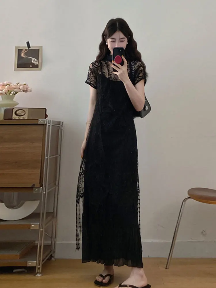 

plus Size Dress Lace Fringe Women's Summer Slimming Waist Cinched Gown Elegant Skirt Commute Style Short Sleeve