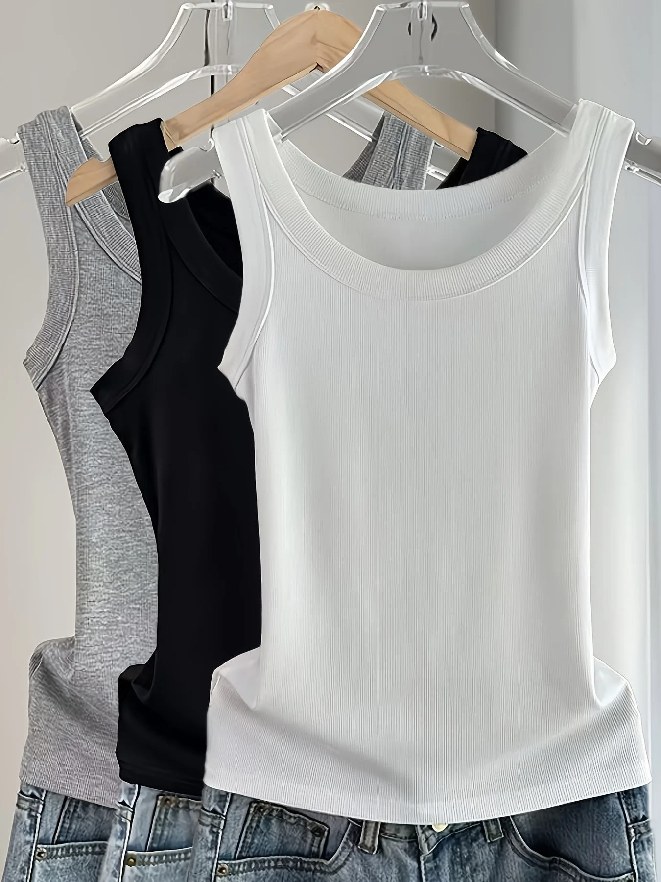 Sommer Einfarbige Tanktops aus Baumwolle für Damen Ärmellose Enge Gerippte Weiße Modische Strick-Weste mit Trägern Lässige Fitness Sportliche Basis-Kleidung – Detail 13