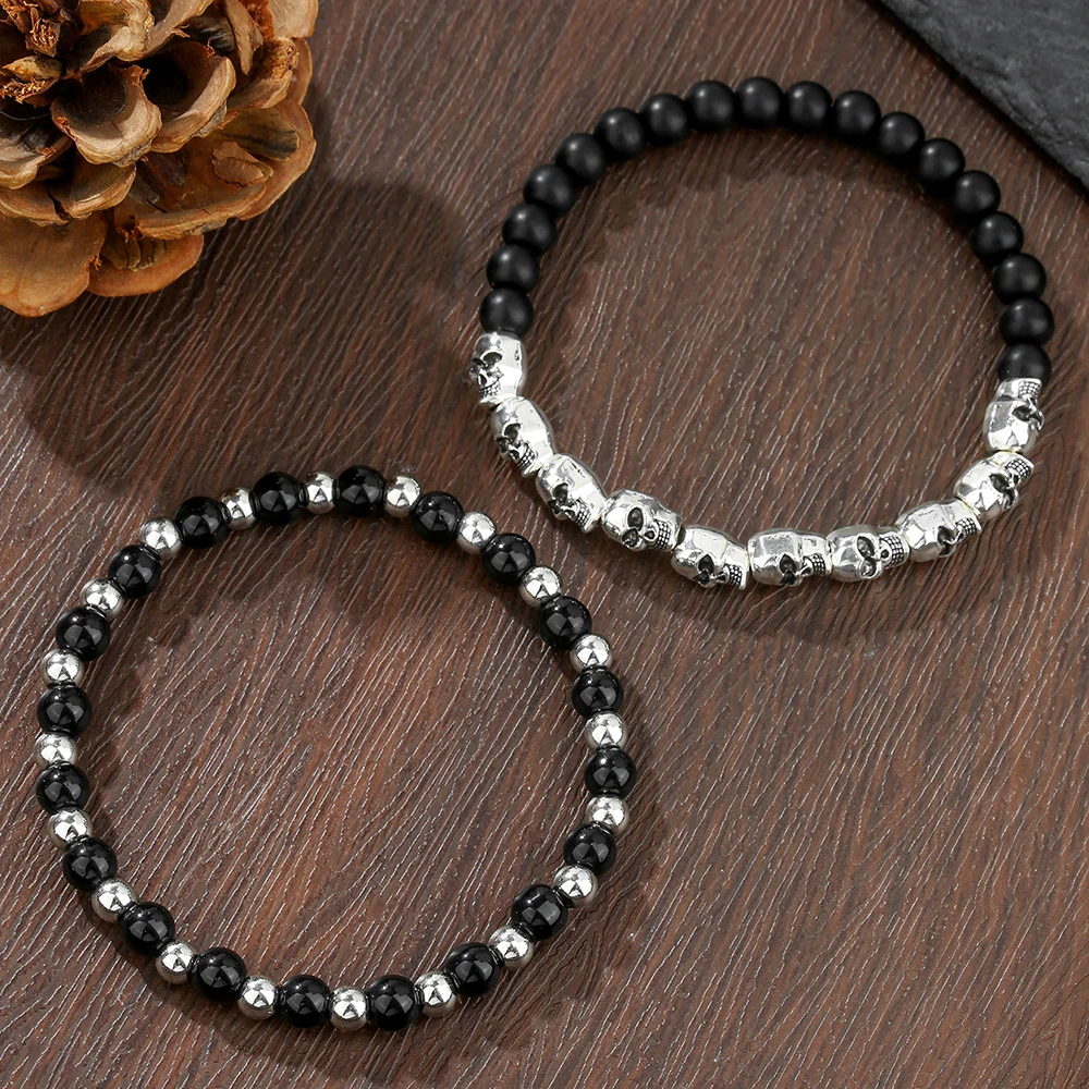 

New Gothic Skull Strand Bracelet Set for Men Vinatge Nature Stone Ghost Head Beaded Bracelets Party Jewelry Gifts Wholesale