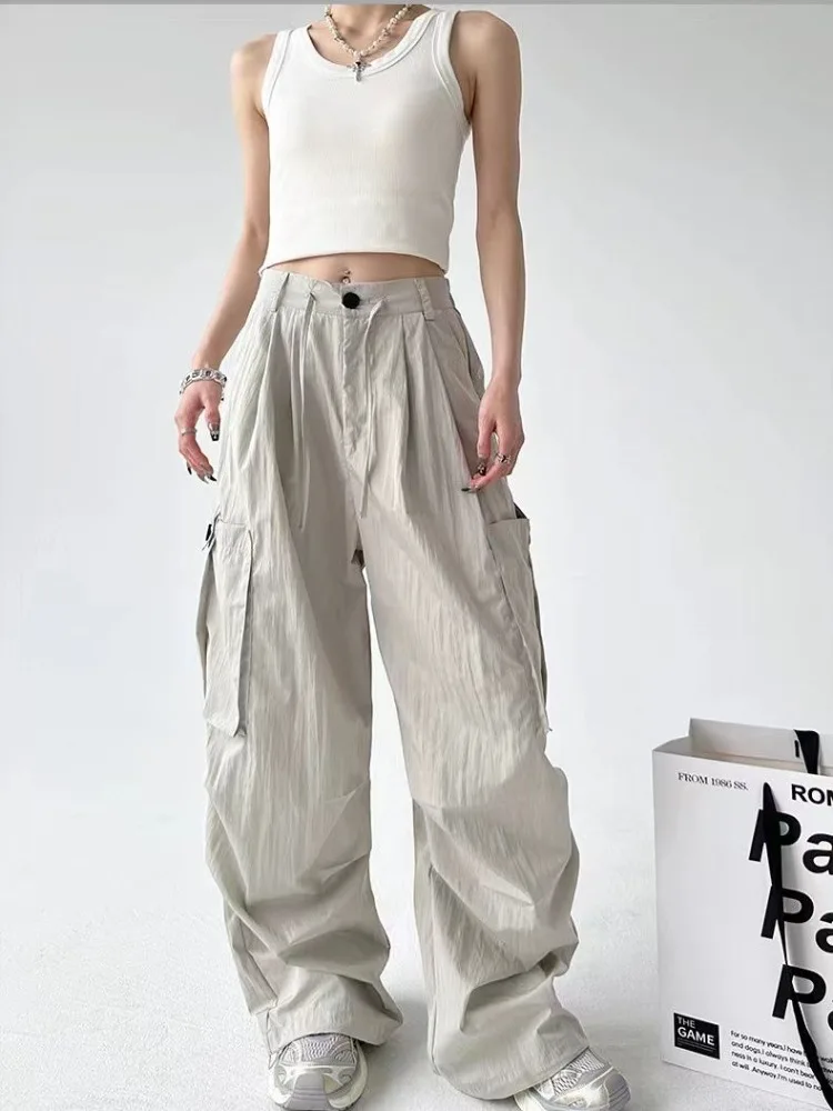 HOUZHOU Vintage Cargo Parachute Pants Women Y2k Oversized Streetwear Wide Leg Trousers Baggy Korean Harajuku Fashion Joggers