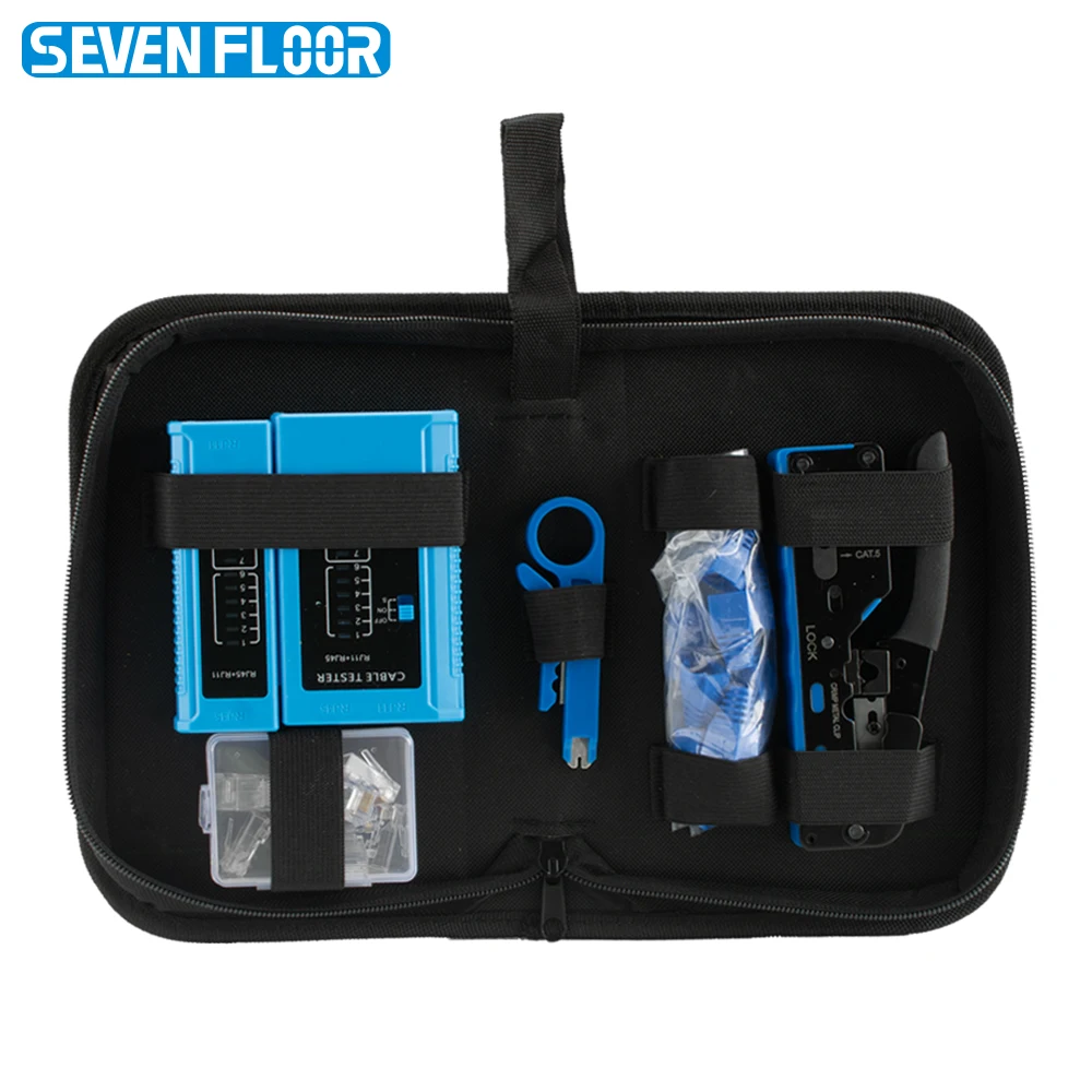 RJ45 Crimping Tool Kit for Cat5 Cat5e Cat6 Cat7, 8P6P Cable Crimper with Tester Mini Wire Stripper 10Pcs Plugs and Boots