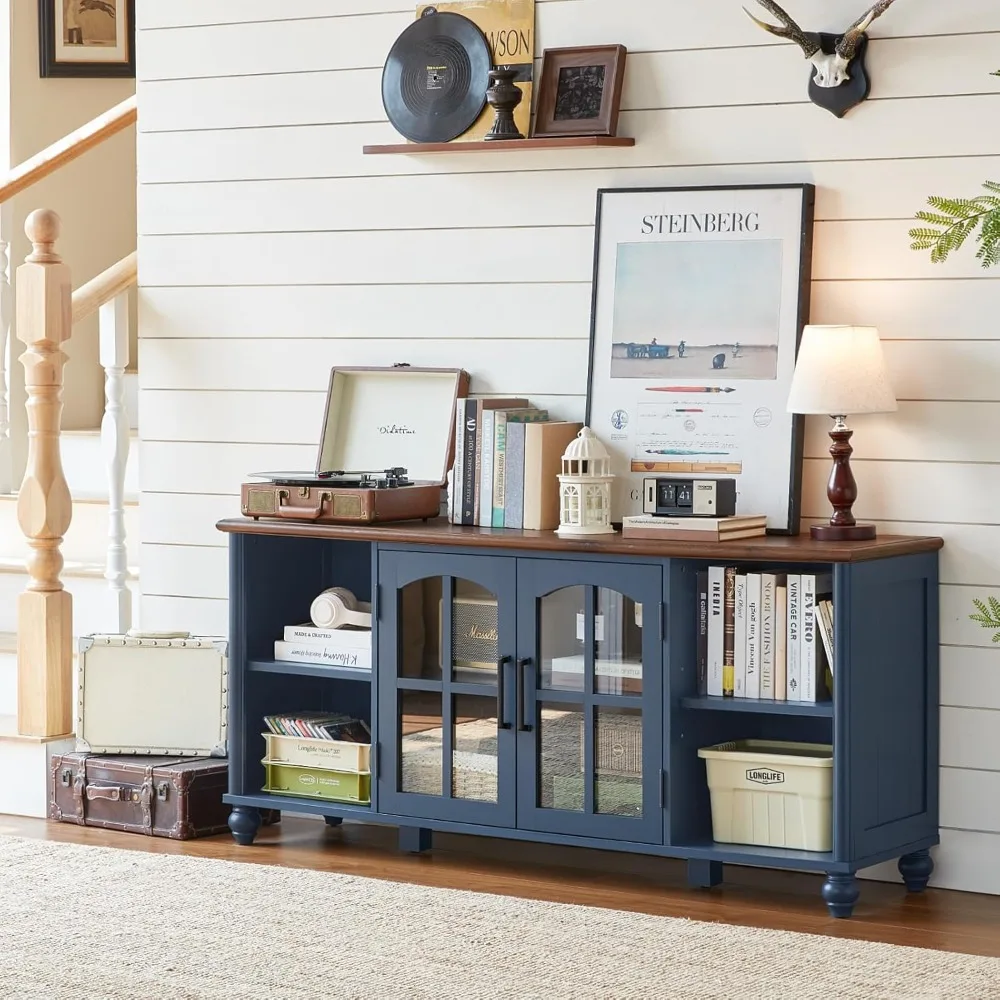 حامل تلفزيون المزرعة لتلفزيون 60 بوصة، مركز ترفيه خشبي مع خزانة تخزين بباب زجاجي وأرفف قابلة للتعديل، ملعب تلفزيون