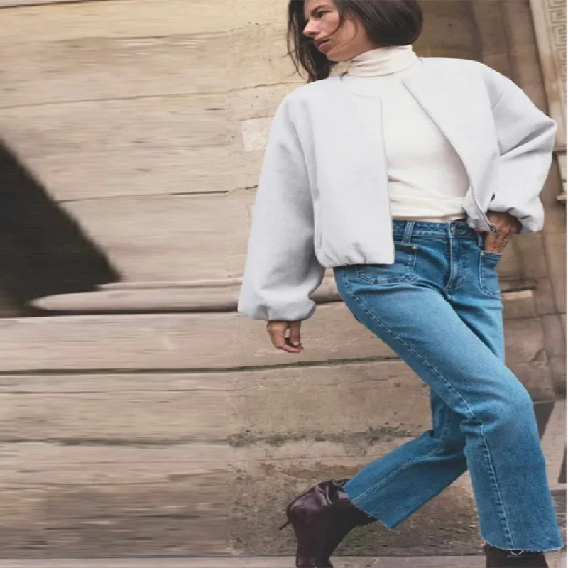 Fashion Zipper Bomber Jackets For Women Retro Round Neck Long Sleeve Elastic Hem Cropped Coats 2025 New Casual Sports Outwears