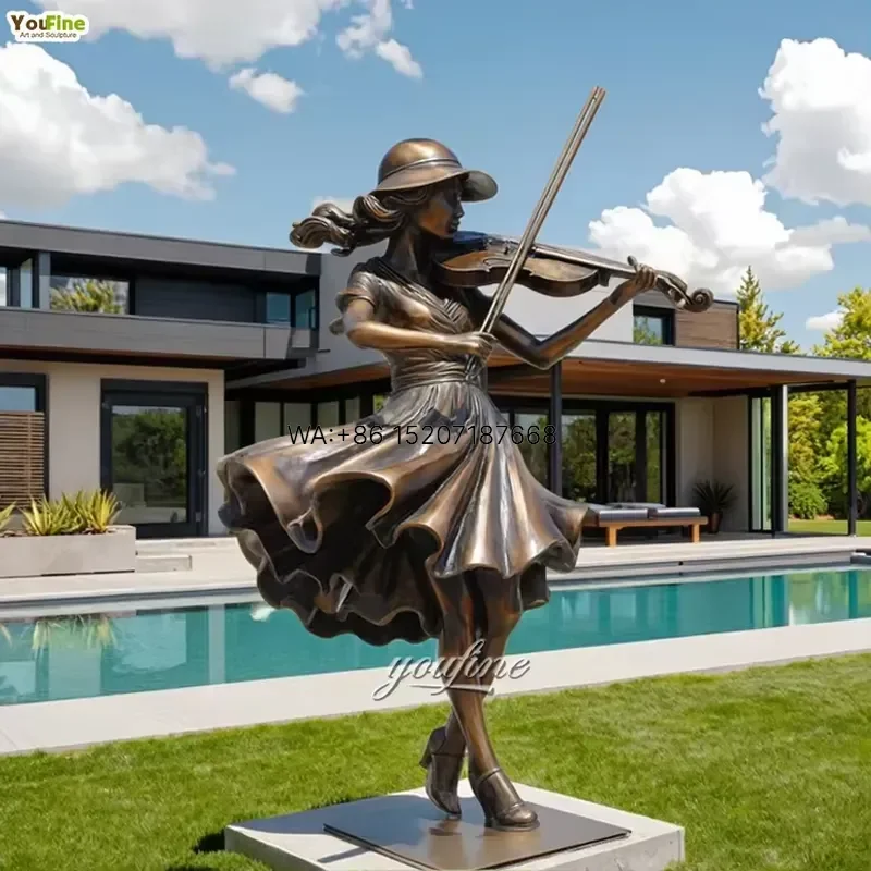Wmwmnu Life Size Solo Violinist Statue Bronze Girl Playing Violin Sculpture Home Garden Decor Art Figurine
