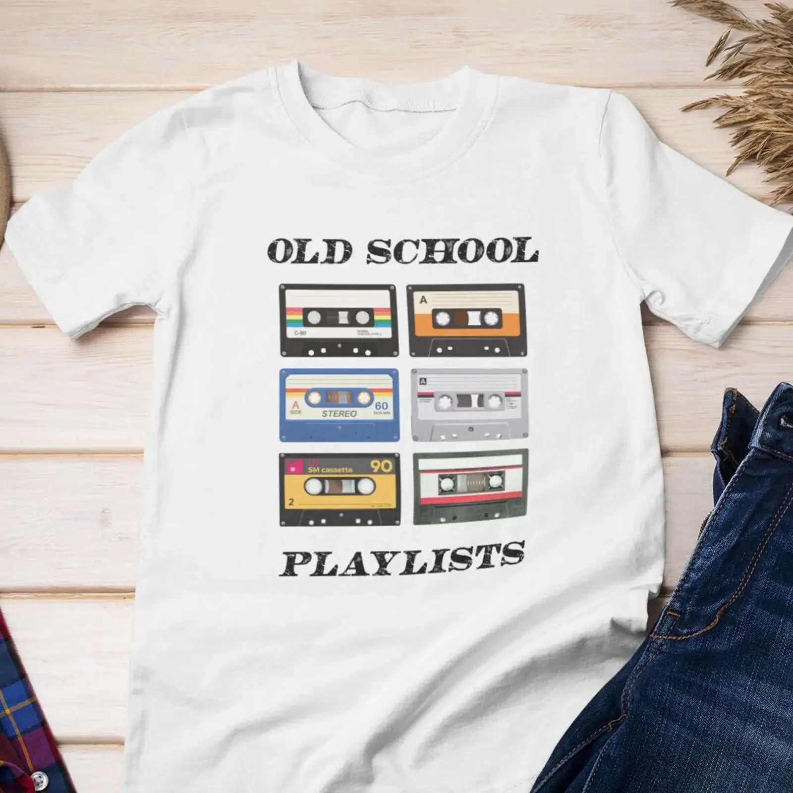 Old School Playlist T Shirt 90s Cassette Tape  vintage Washed Unisex Comfortable homme Top For Everyday Wear Casual Versatile