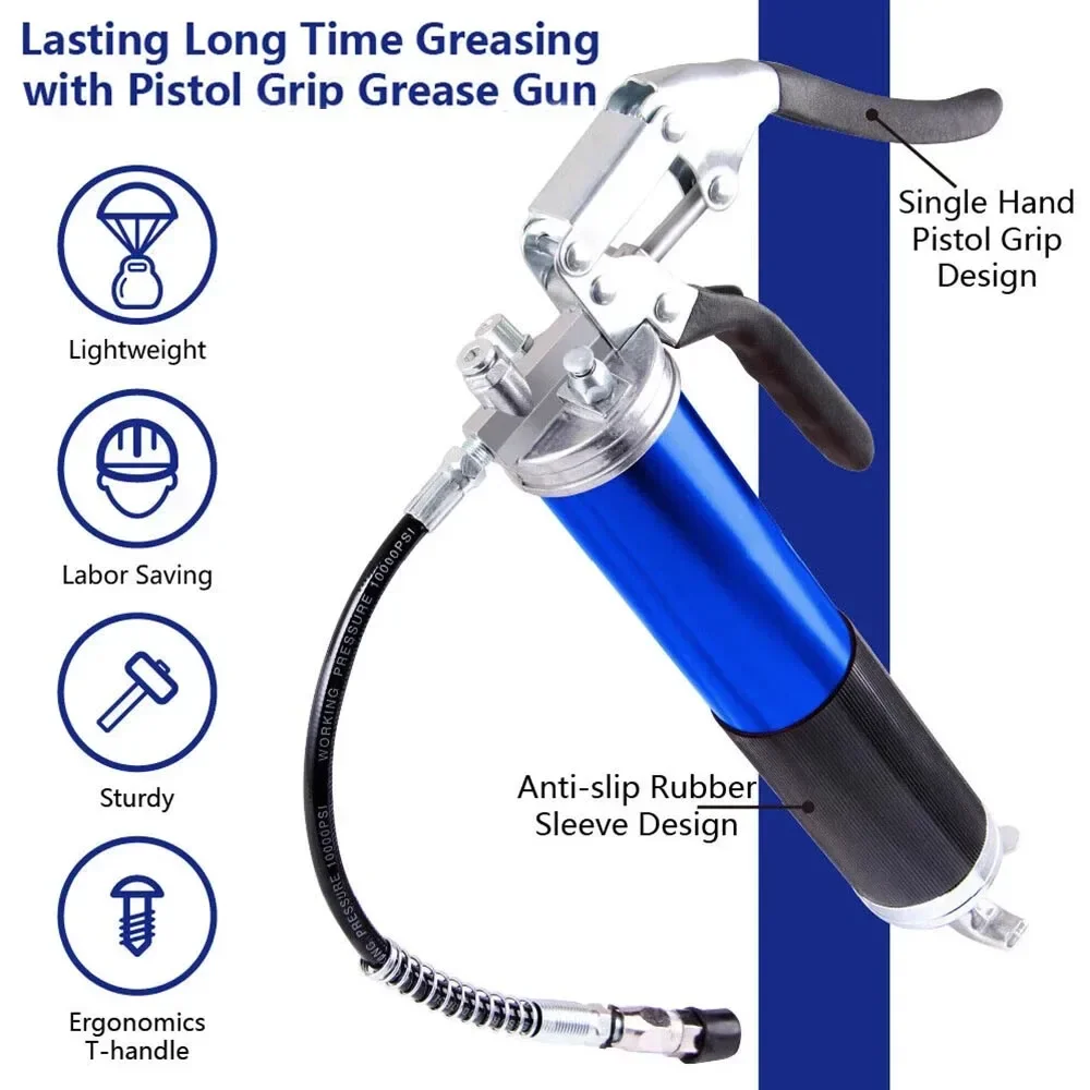 Manual Grip Grease Gun Aluminum Alloy Mini Grease Gun Kit 6000-7000PSI Handheld Grease Filling with Flexible Reinforced Hose