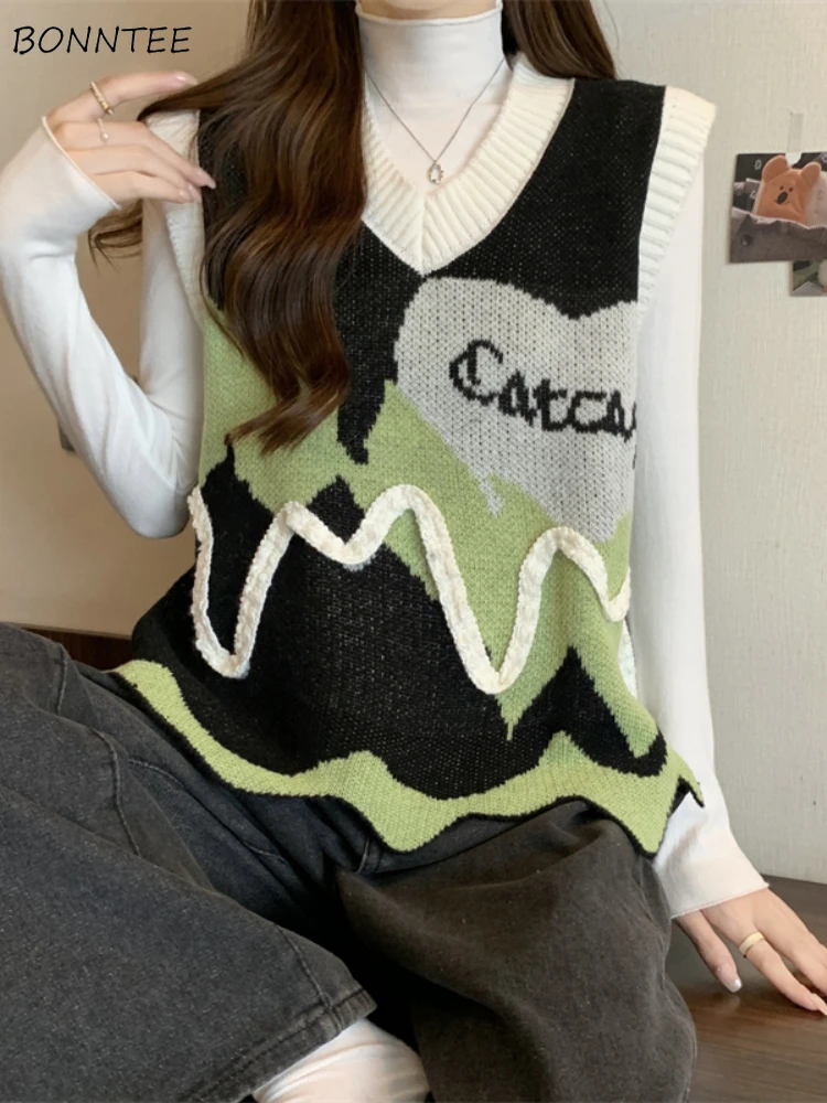 

Preppy Dopamine Sweater Vest Women Knitted Sweet All-match Spring Autumn Coat Casual Loose Harajuku Outwear Gentle Age-reducing