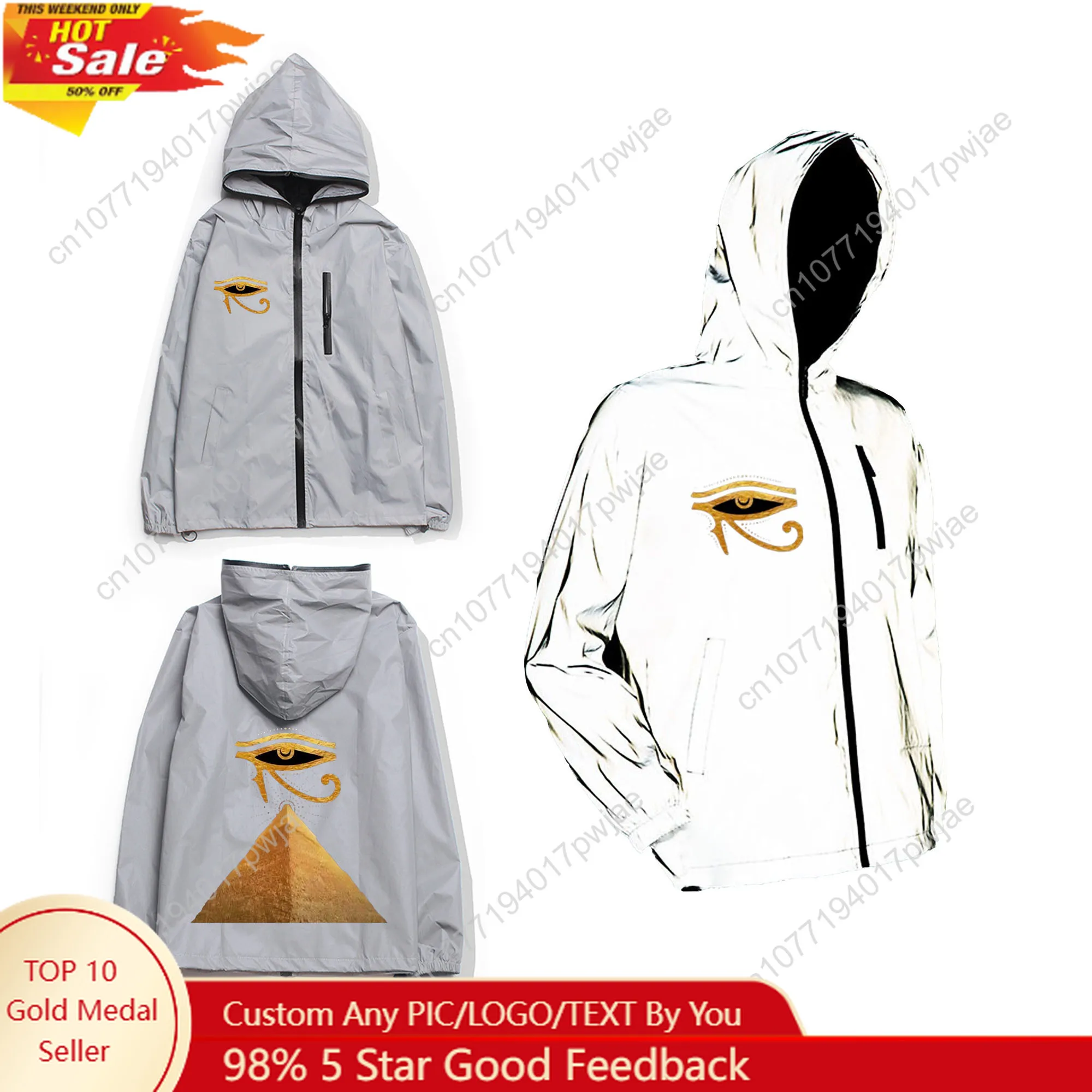 

Horus Egyptian God Eye of Egypt Reflective Jacket Mens Women Coat Hooded Windbreaker Run Pocket Jackets Zipper Customized Hoodie