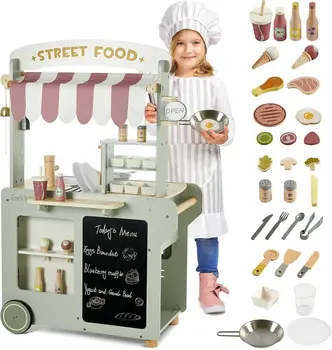 나무 음식 카트, 주방 놀이 세트, 50 피스 유아 놀이 식료품 가게, 싱크대 및 아이스 메이커, 어린이용 주방 세트